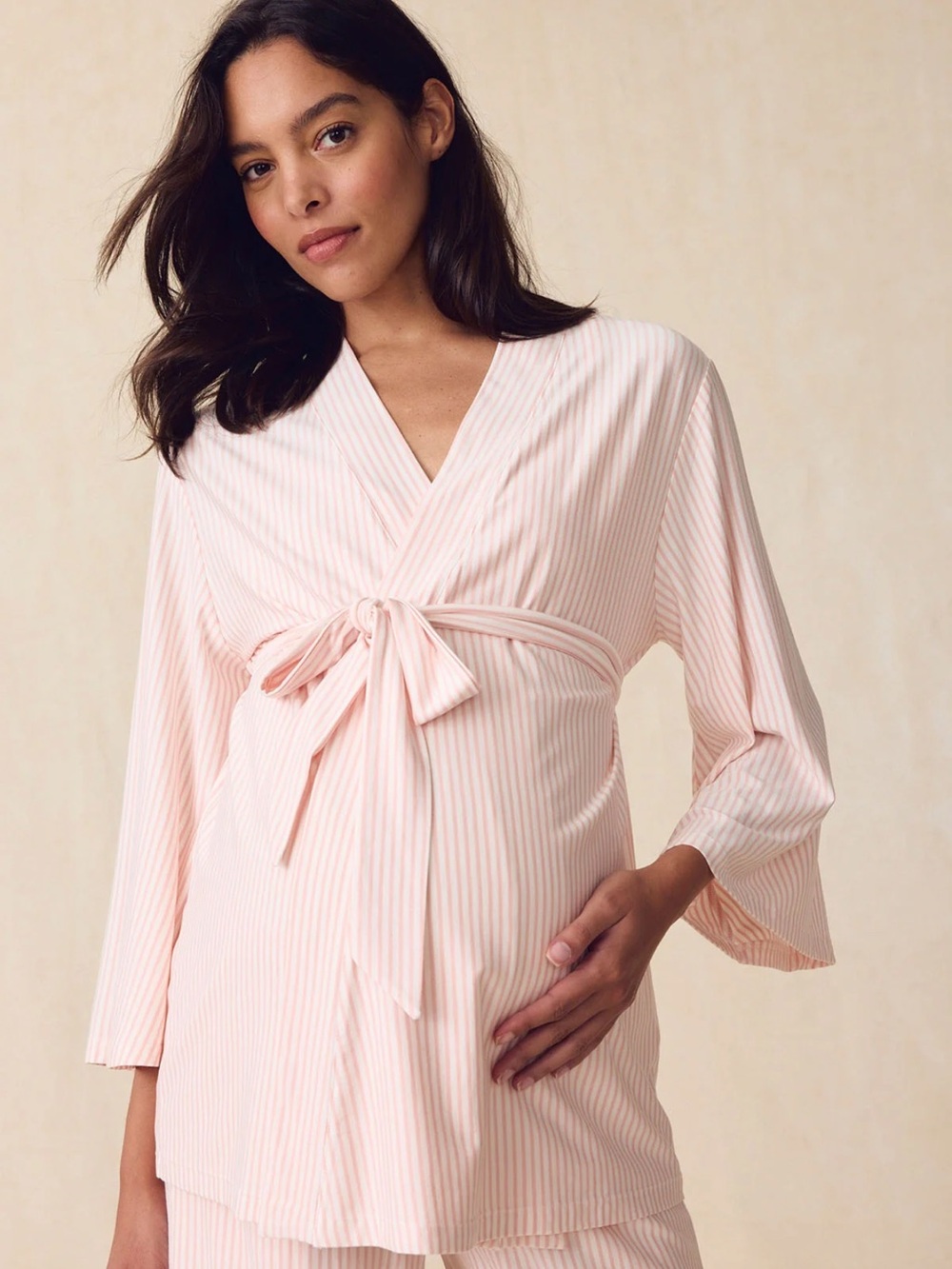 LAKE Maternity DreamModal Kimono Three-Piece Set in English Rose Pencil Stripe - Picture 2 of 4